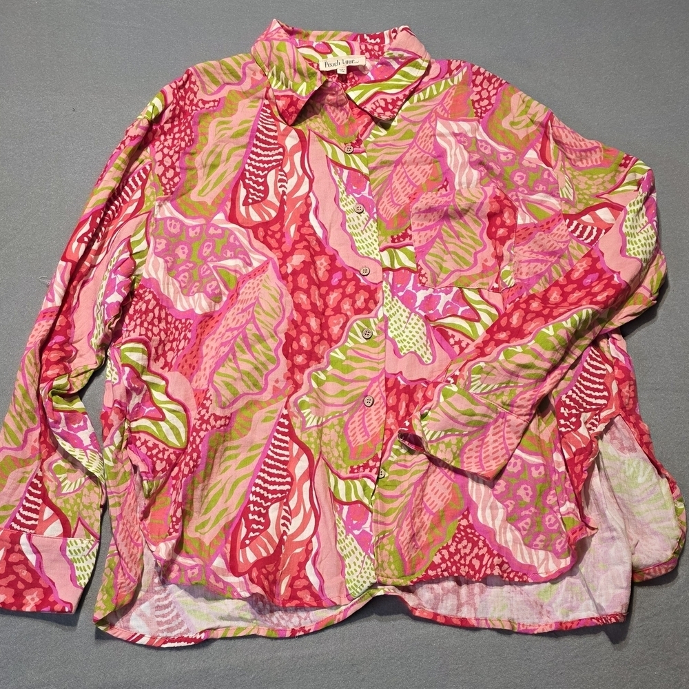 Peach Love California Red and Pink Tropical Blouse Muslin Material Small PTP 23 - Picture 2 of 8